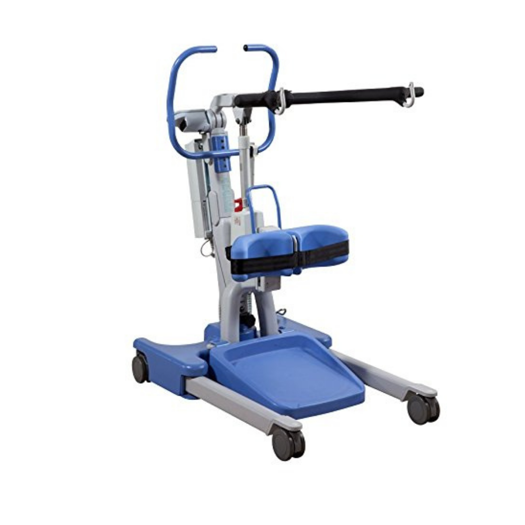 The Joerns Hoyer Elevate® Sit-To-Stand Electric Patient Lift with Smart Technology features wheels, padded knee supports, and handlebars to assist transfers for individuals with limited mobility while enhancing caregiver safety.